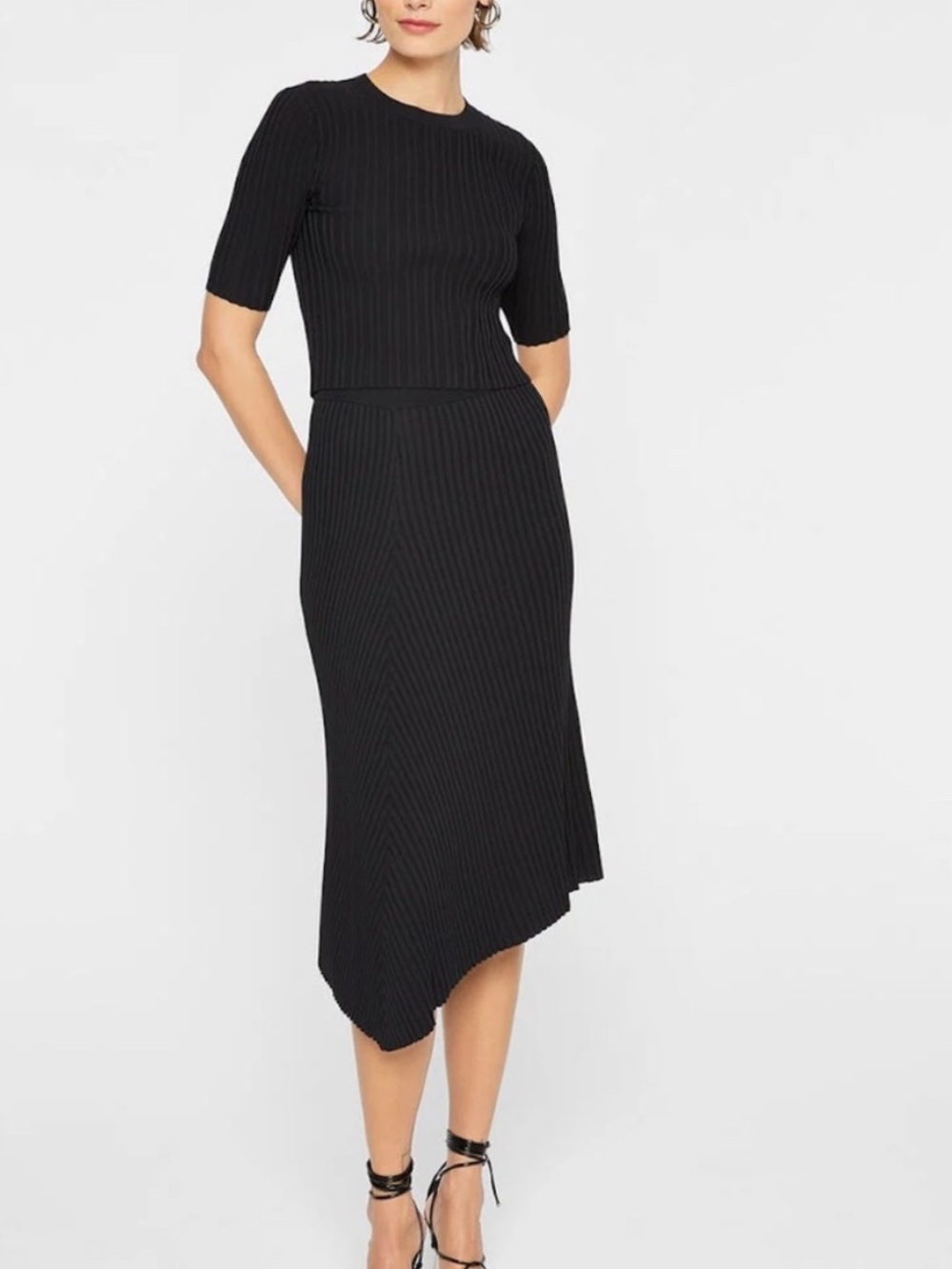 Club Monaco Black Ribbed Knit Asymmetrical Hem Midi Skirt